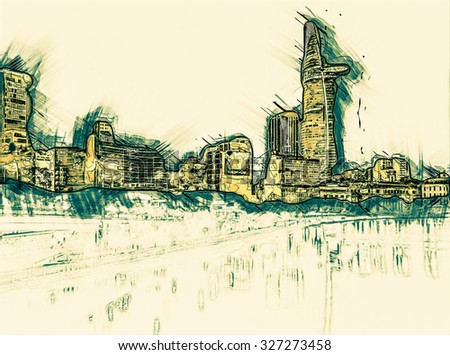Cityscape of Ho Chi Minh at night with bright illumination of modern architecture, viewed over Saigon river in Southern Vietnam. Painting of travel scene, pencil outlines of background.