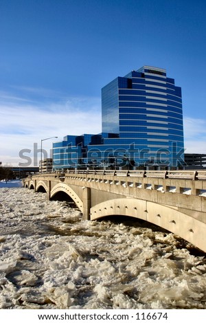 Grand River in downtown Grand Rapids, Michigan on a very cold Winter day.