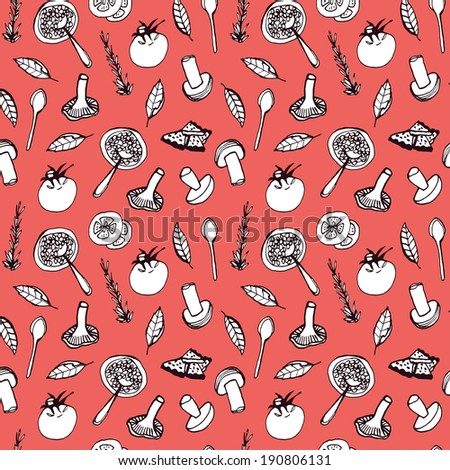 Food seamless pattern. Hand drawn background for kitchen and cafe stuff, wallpapers, fabrics, paper goods. Ink sketches of mushrooms and tomatoes