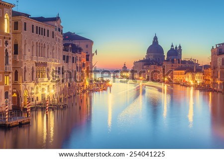 The beautiful night view of the famous Grand Canal in Venice, Italy