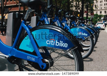 NEW YORK - JULY 21: Citibikes for rent in downtown Manhattan on July 21, 2013. The bikes feature puncture-resistant tires and sturdy aluminum frames.