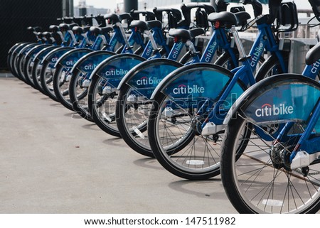 NEW YORK - JULY 21: Citibikes ready for use in downtown Manhattan on July 21, 2013. The city\'s bike sharing program has bikes for rent in Manhattan and Brooklyn.