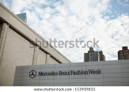 NEW YORK, NY - SEPTEMBER 7: The Mercedes-Benz Fashion Week sign, seen here at Lincoln Center on September 7, 2013 in New York City, USA.