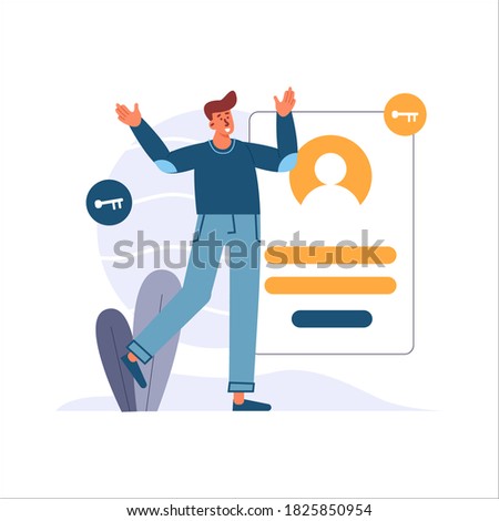 Log in or sign out, happy young man in casual clothes with profile screen and key logo, male person with profile page and profile picture vector illustration for website