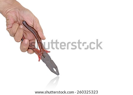 Working tools Old locking plier in hand male isolated on a white background.