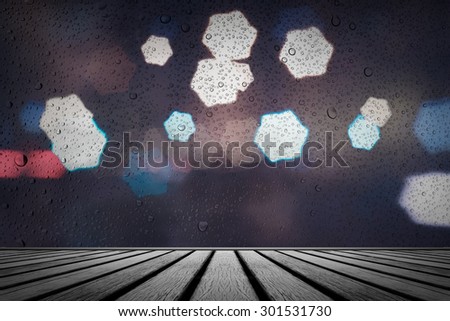 old wooden floor platform with rainy drops water on glass background