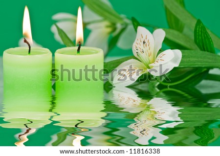 Green candles and white decoration flower with water reflection