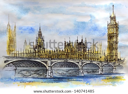 The English Parliament in London/  The English Parliament in London, Big Ben and the London Bridge over the River Thames.