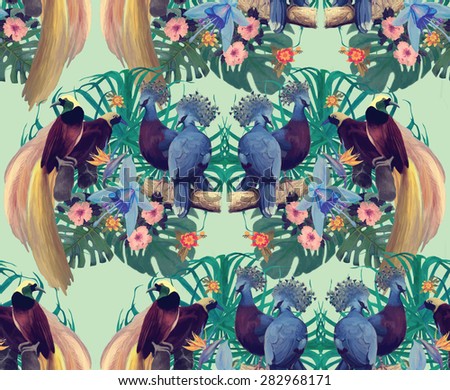 Seamless pattern with heaven birds and exotic flowers. Hand drawn vector.