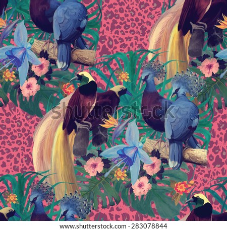 Seamless pattern with heaven birds and exotic flowers on leopard print. Hand drawn vector.