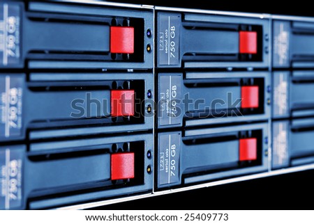 close-up rack-mounted disk array server