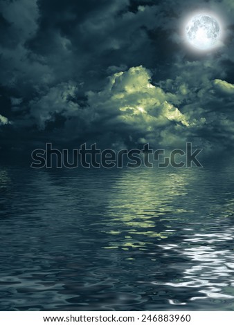mysterious moon with nightly clouds over the water