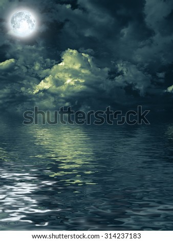 mysterious moon with nightly clouds over the water. Elements of this image were furnished by NASA/