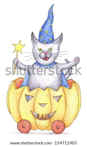 Halloween cat hand drawn color graphics