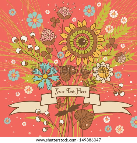 Summer Autumn Flowers Sunflower card.Floral background,spring theme, greeting card. Template design can be used for packaging,invitations,Thanksgiving Day decoration,Birthday,bag template,cup and etc.