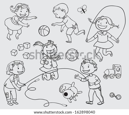 Set of Happy Children Playing. Black outline. Back to School isolated objects on white background. Great illustration for a school books, magazines, advertising  and more. VECTOR.