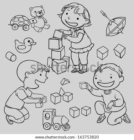 Happy Children Playing With Toys. Set. Black Outline. Back To School ...