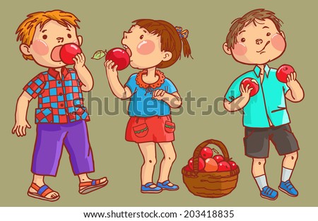 Tree Children eating apples. Isolated objects. Children illustration for School books, magazines, advertising and more. Separate Objects. VECTOR.