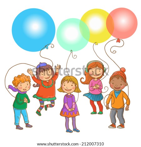 Five happy children with balloons. Back to School. COLOR. Isolated objects on simple background for picture books, magazines, advertising, Birthday Cards and more. VECTOR.