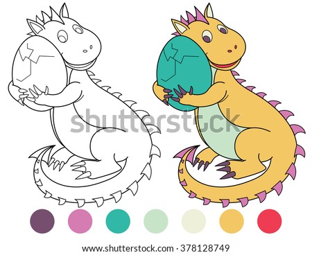 Cute Dinosaur With Green Egg Coloring Book Black And White Outline Great Illustration