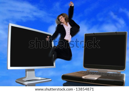 Business girl jumping: from lcd monitor to the laptop with sky