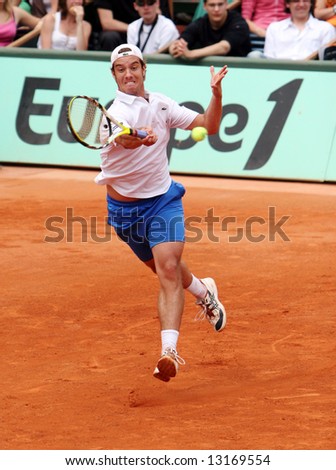 France\'s top tennis player Richard Gasquet hits forehand at French Open (Roland Garros). Paris, France, May 2008