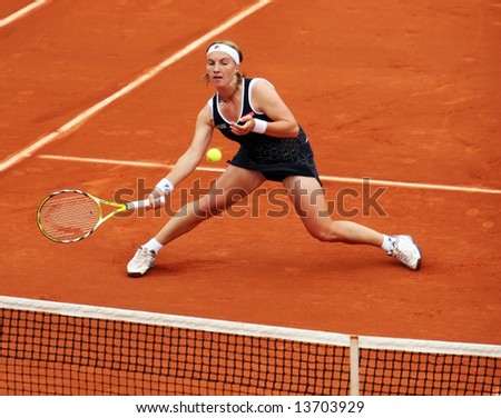 Russian top tennis player and world #4 Svetlana Kuznetsova plays net volley during her match at French Open 2008, Roland Garros. Paris, France.