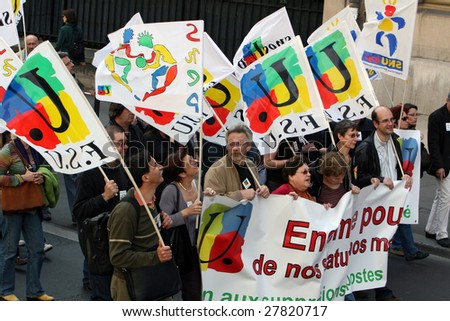 PARIS - APRIL 2: The teachers trade union FSU representatives demonstrate against French government reform plans of the academic structure on April 2, 2009, in Paris, France