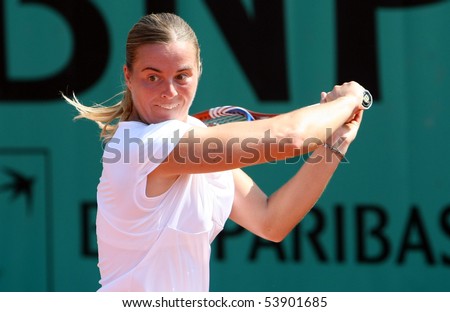 PARIS - MAY 20: Anastasiya YAKIMOVA of Belarus plays the 2nd round qualification match at French Open, Roland Garros on May 20, 2010 in Paris, France.