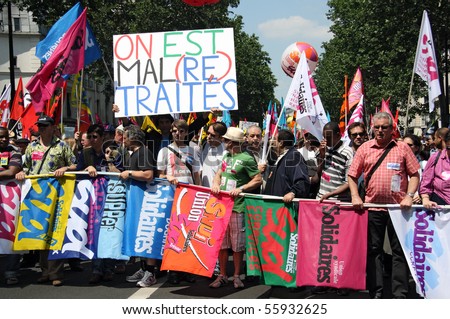 PARIS - JUNE 24: French Trade Union leaders during nationwide strike against pension overhaul by raising the retirement age from 60 to 62 on June 24, 2010 in Paris, France.