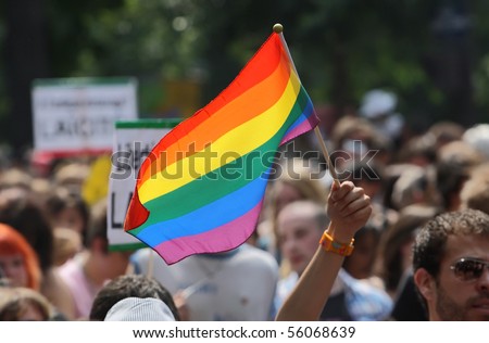 PARIS - JUNE 26: A person waves with the rainbow flag to support gay rights during the Paris Gay Pride parade, on June 26, 2010 in Paris, France.