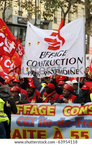 PARIS - OCTOBER 28: The construction and building sector employees march during the strike against the retirement age reform on October 28, 2010 in Paris, France