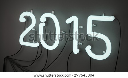 3 D render of neon lights shaped in form of number. Neon lights are illuminated and radiating bluish glow and color. Neon tubes are attached with white holders to the blue wall.