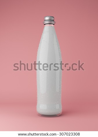 3 D render of a glass bottle of milk on a pink background with metallic cap on it. There are nice reflection on a bottle and it feels like a professional studio shot although it is a 3 D render.