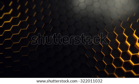 3 D render of yellow tech  beehive consists of many hexagonal shapes with yellow and black reflective plates. Some are elevated.