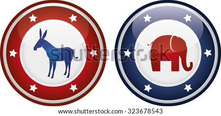 Vector illustration of democrats vs republicans mascots on a badge or shield.