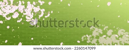 Illustration of cherry blossom branches and fluttering petals in traditional Japanese hemp leaf pattern