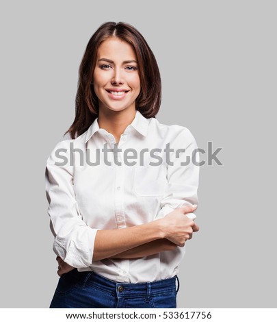 Similar – Image, Stock Photo Portrait of young european woman walking in a city street, with takeaway coffee in hands