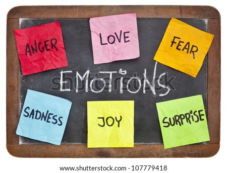 six basic emotions - love, fear, joy, anger, surprise and sadness - sticky notes on a vintage slate blackboard