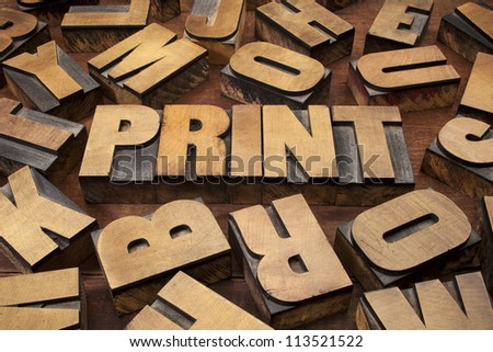 print concept in vintage letterpress wood printing blocks