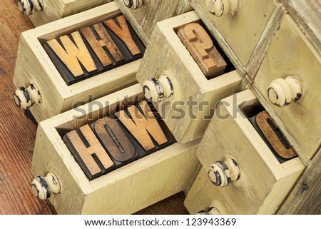 why and how questions -  vintage letterpress wood type blocks and primitive rustic wooden apothecary drawer cabinet