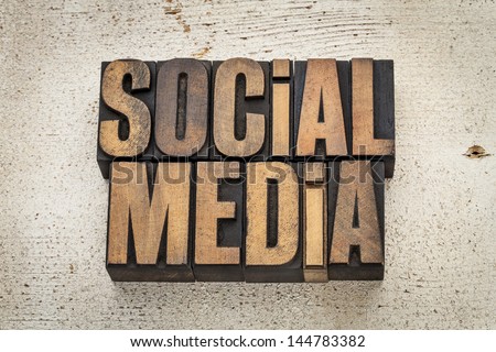 social media phrase in vintage letterpress wood type on a grunge painted barn wood background