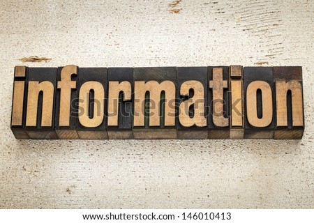 information word in vintage letterpress wood type on a grunge painted barn wood background