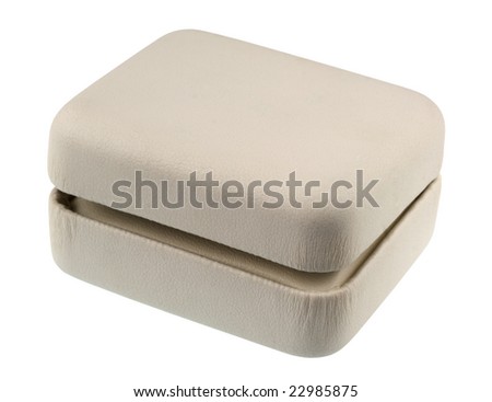 small jewelery or gift box covered with white, soft, textured leather, partially opened, isolated with clipping path
