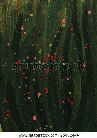 dark green abstract watercolor background with red, yellow and pink splashed splashed, hand painted (self made)