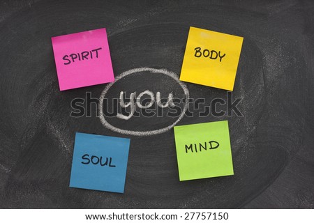 you, body, mind, soul, spirit - personal growth or development concept sketched with white chalk and sticky notes on blackboard with eraser smudges