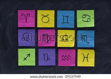 12 western zodiac symbols (Aries, Taurus, Gemini, Cancer, Leo, Virgo, Libra, Scorpio, Sagittarius, Capricorn, Aquarius, Pisces) presented with  colorful crumpled sticky notes on blackboard