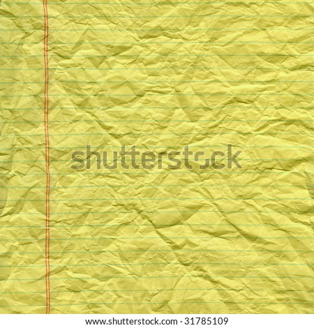 crumpled yellow notebook page with green lines and red margin
