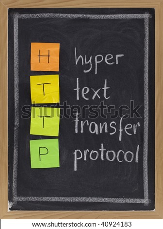 http (hyper text transfer protocol) acronym explained on blackboard, color sticky notes and white chalk handwriting