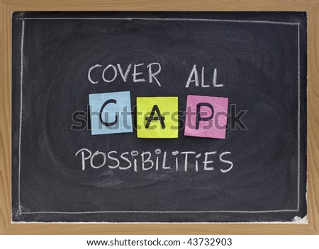 CAP (cover all possibilities) - versatile training and planning acronym, white chalk handwriting, colorful sticky notes on blackboard